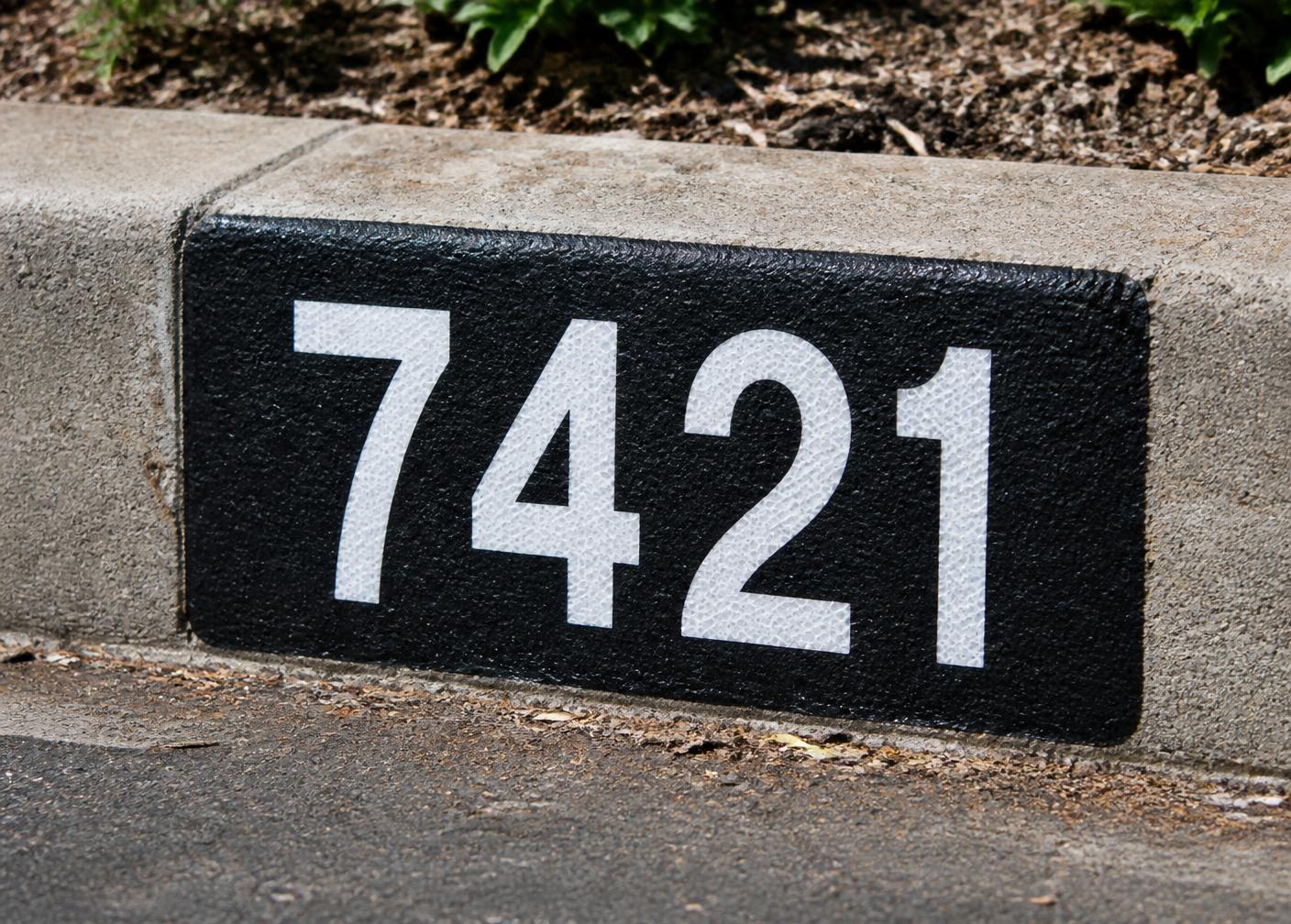 Curb painted with a black background and white reflective address numbers