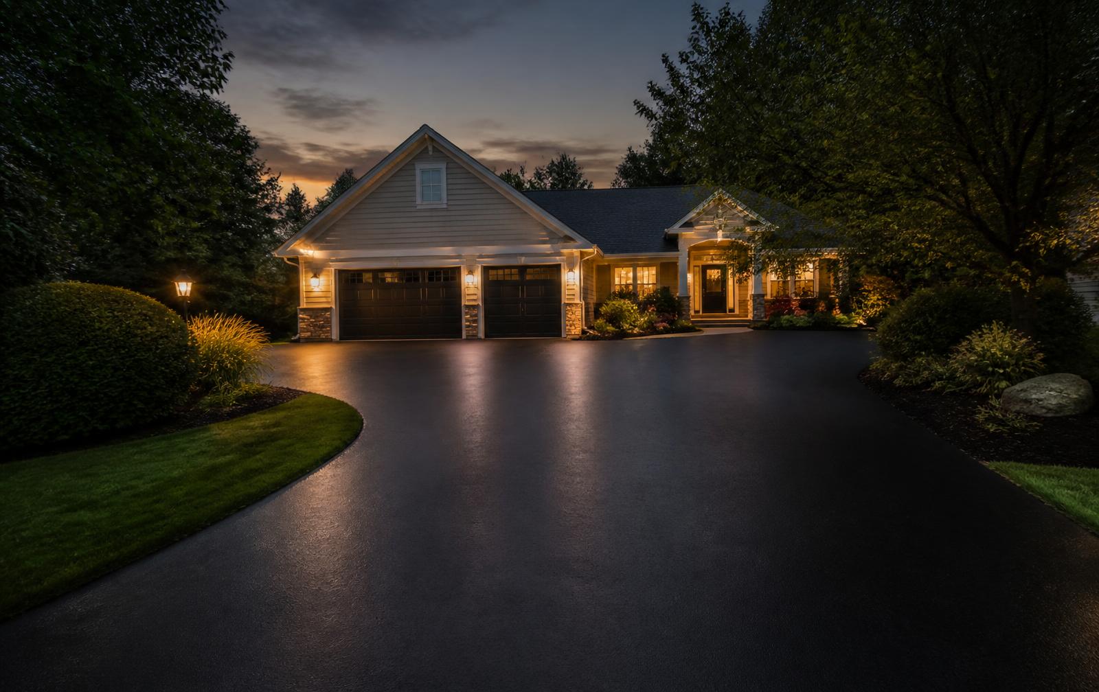 Freshly sealcoated residential asphalt driveway at dusk